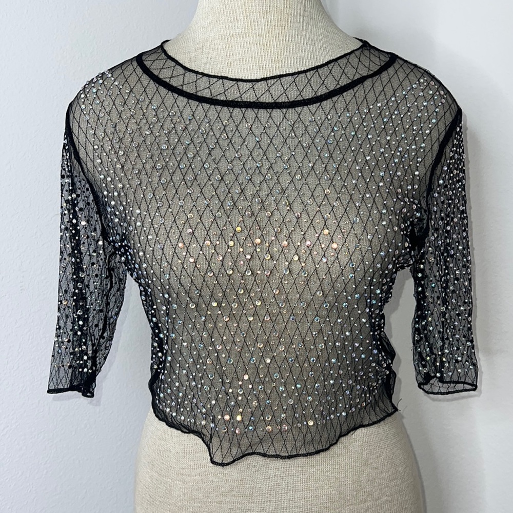 🔹 Nude Crystal Embellished Mesh Crop Top